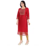 Generic Women's 3/4th Sleeve Silk Blend Tunic Long Kurti (Red) - Image 2