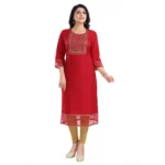 Generic Women's 3/4th Sleeve Silk Blend Tunic Long Kurti (Red) - Image 3