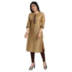 Generic Women's 3/4th Sleeve Silk Blend Tunic Long Kurti (Beige) - Image 4