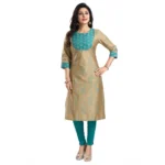 Generic Women's 3/4th Sleeve Silk Blend Tunic Long Kurti (Beige) - Image 3