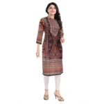 Generic Women's 3/4th Sleeve Masleen Tunic Long Kurti (Brown) - Image 2