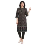 Generic Women's 3/4th Sleeve Cotton Blend Tunic Long Kurti (Black) - Image 2