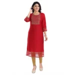 Generic Women's 3/4th Sleeve Silk Blend Tunic Long Kurti (Red) - Image 4