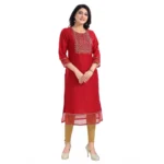 Generic Women's 3/4th Sleeve Silk Blend Tunic Long Kurti (Red)