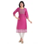 Generic Women's 3/4th Sleeve Silk Blend Tunic Long Kurti (Purple)