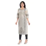 Generic Women's 3/4th Sleeve Silk Blend Tunic Long Kurti (Beige) - Image 2