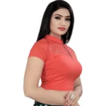 Generic Women's Short Sleeve Cotton Lycra Readymade Blouse (Orange, Free Size) - Image 2