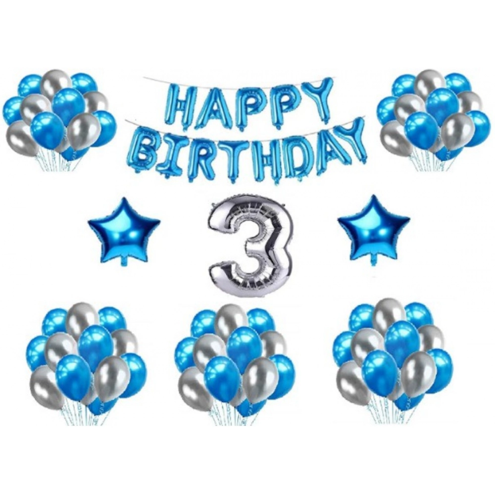 NariHaat Blue and Silver 3rd Birthday Decoration Kit with Balloons