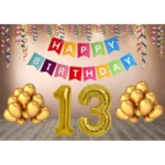Multicolor 13th Happy Birthday decoration combo with banner and golden balloons