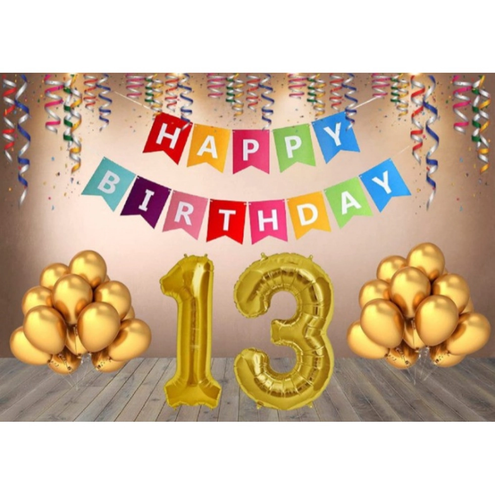 Multicolor 13th Happy Birthday decoration combo with banner and golden balloons