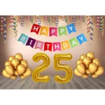 25th Happy Birthday decoration combo with multi-color banner and golden balloons