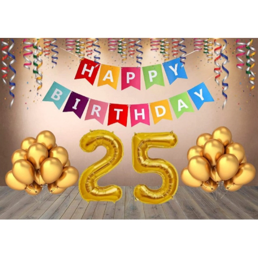 25th Happy Birthday decoration combo with multi-color banner and golden balloons