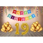 Multicolor 19th Happy Birthday decoration combo kit with banner and balloons
