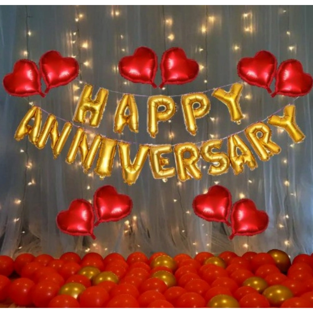Red and Golden Happy Anniversary Decoration Set with Metallic Balloons