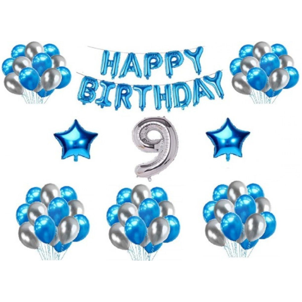Blue and Silver 9th Birthday Decoration Combo with Foil and Star Balloons