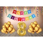 Multicolor 8th Happy Birthday decoration combo with banner and golden balloons