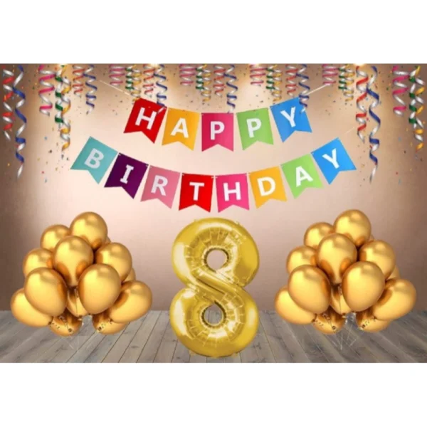 Multicolor 8th Happy Birthday decoration combo with banner and golden balloons