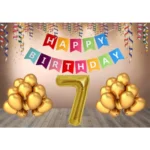 Multicolor 7th Happy Birthday decoration combo with banner and golden balloons
