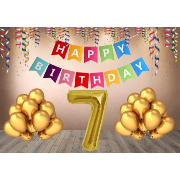 Multicolor 7th Happy Birthday decoration combo with banner and golden balloons