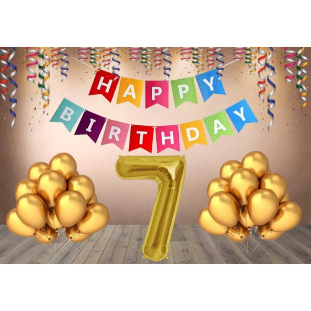 Multicolor 7th Happy Birthday decoration combo with banner and golden balloons