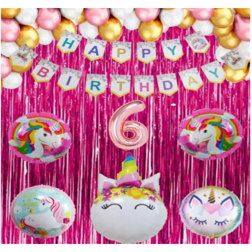 Pink 6th Birthday Decoration Combo with Unicorn Foil Balloons