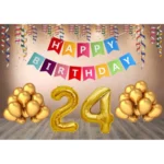 24th Happy Birthday decoration combo with multi-color banner and golden balloons