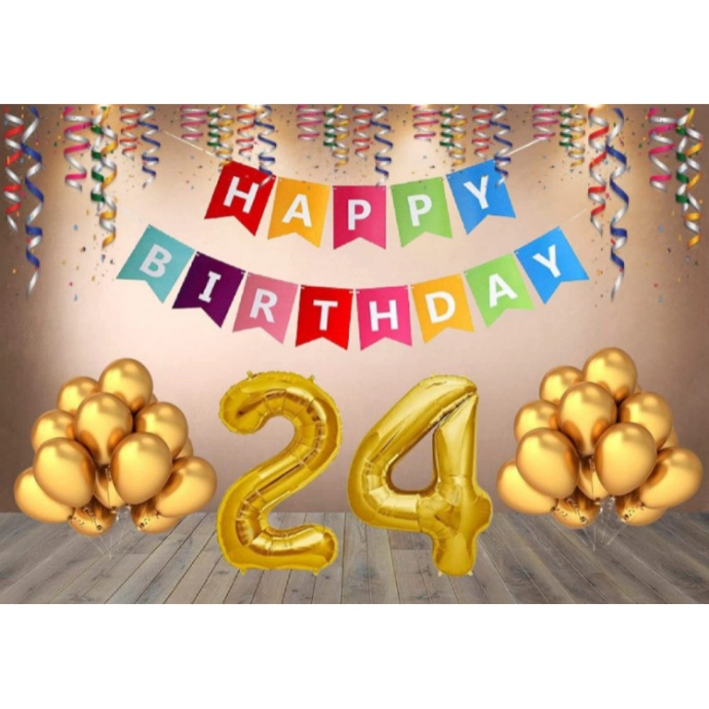 24th Happy Birthday decoration combo with multi-color banner and golden balloons
