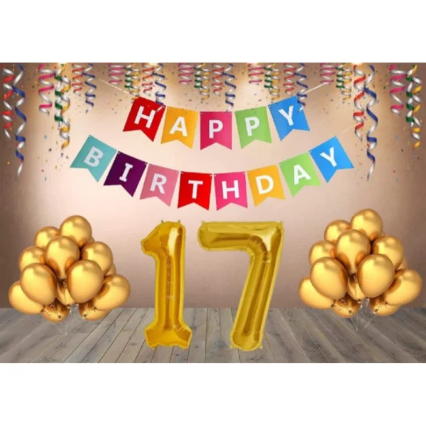 Multicolor 17th Happy Birthday decoration combo with banner and golden balloons