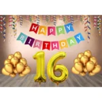 Multicolor 16th Happy Birthday decoration combo with banner and golden balloons