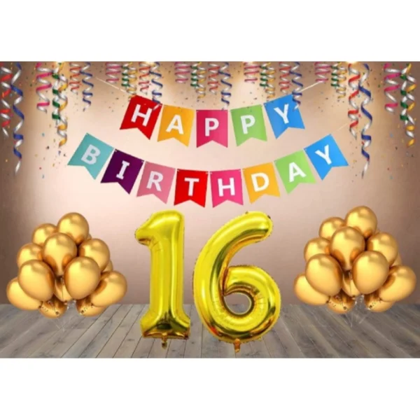Multicolor 16th Happy Birthday decoration combo with banner and golden balloons