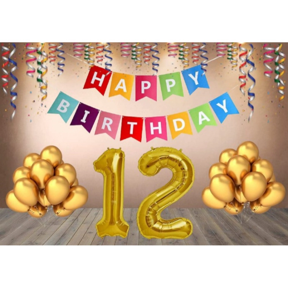 Multicolor 12th Happy Birthday decoration combo with banner and golden balloons