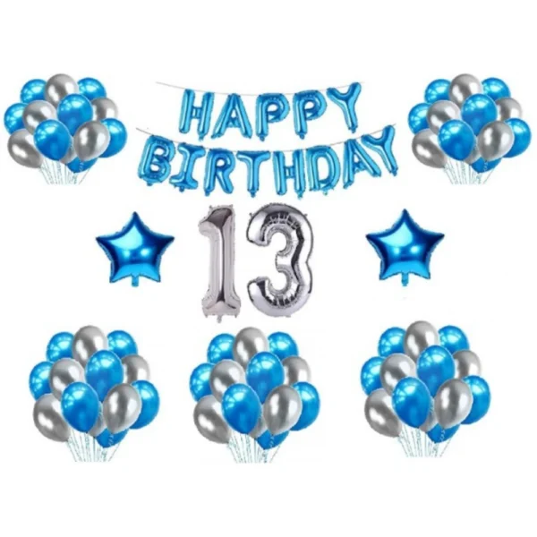 Blue and Silver 13th Birthday Decoration Combo with Foil and Star Balloons