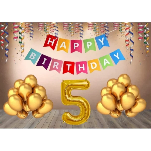 Multicolor 5th Birthday Decoration Combo with Banner and Gold Balloons
