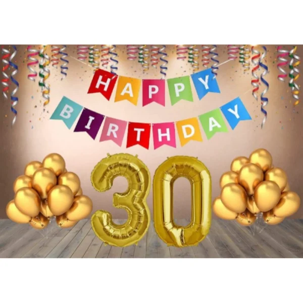 30th Happy Birthday decoration combo with multi-color banner and golden balloons