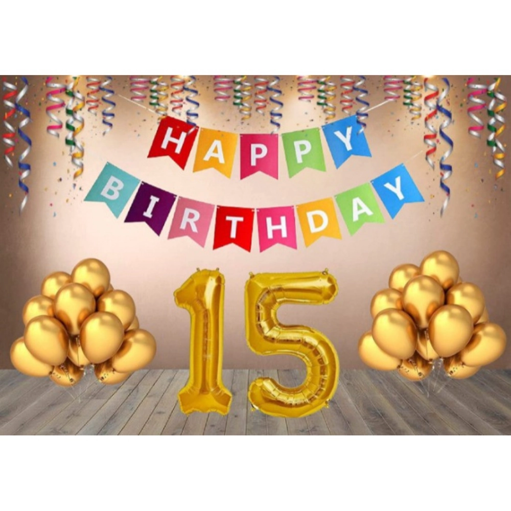 Multicolor 15th Happy Birthday decoration combo with banner and golden balloons