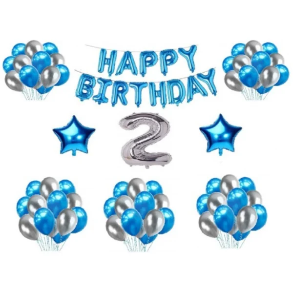 Blue and Silver 2nd Birthday Decoration Combo with Foil and Star Balloons