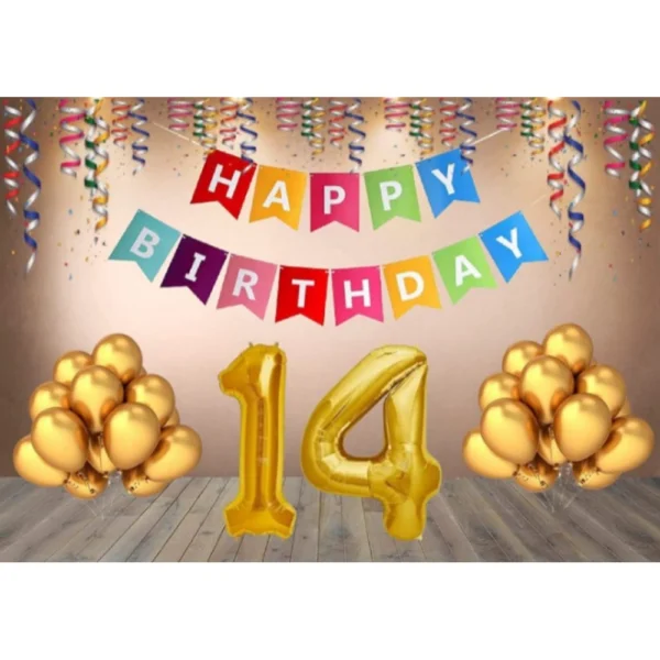Multicolor 14th Happy Birthday decoration kit with banner and balloons