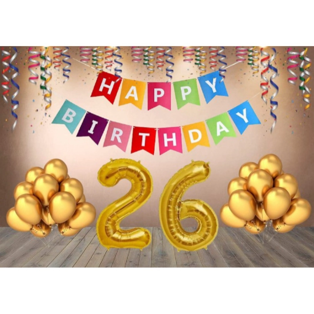 26th Happy Birthday decoration combo with multi-color banner and golden balloons