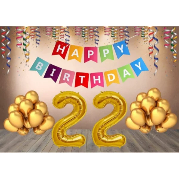 Multicolor 22nd Happy Birthday decoration combo with banner and golden balloons