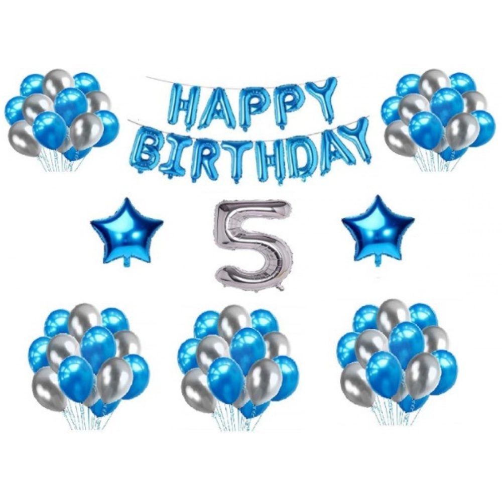 Blue and Silver 5th Birthday Decoration Combo with Foil and Star Balloons