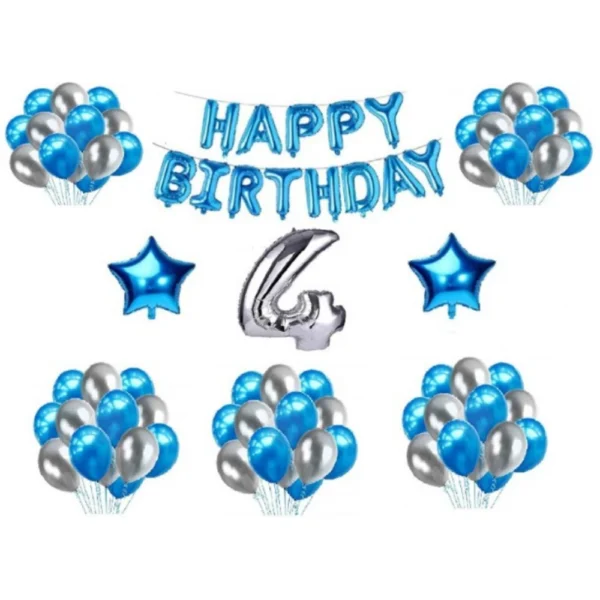 Blue and Silver 4th Birthday Decoration Combo with Foil and Star Balloons