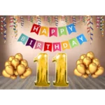 Multicolor 11th Happy Birthday decoration combo with banner and golden balloons