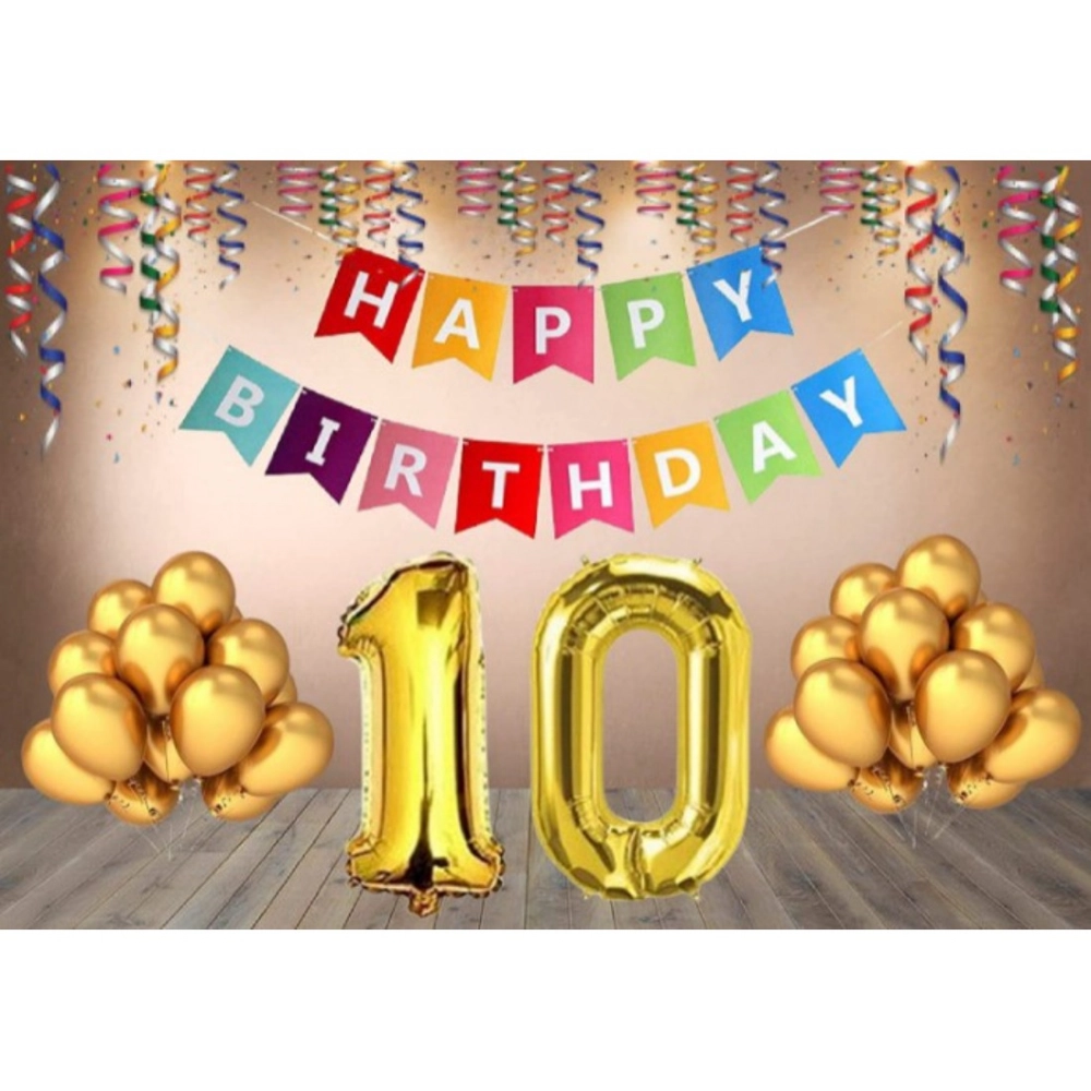 Multicolor 10th Happy Birthday decoration combo with banner and golden balloons
