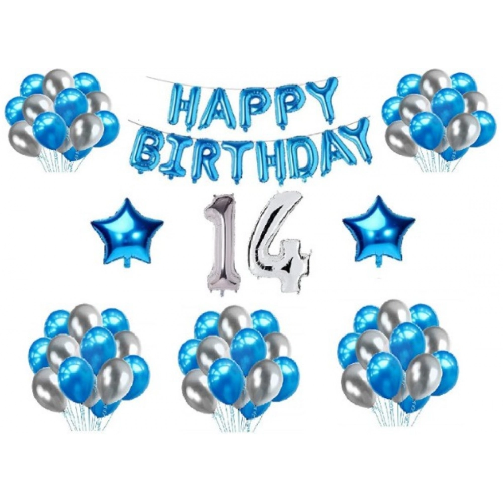 Blue and Silver 14th Birthday Decoration Combo with Foil and Star Balloons