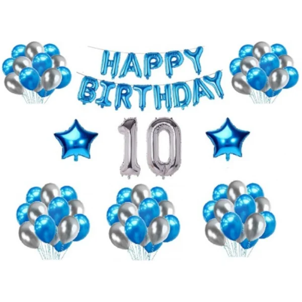 Blue and Silver 10th Birthday Decoration Combo Kit with Foil and Star Balloons