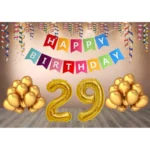 29th Happy Birthday decoration combo with multi-color banner and golden balloons