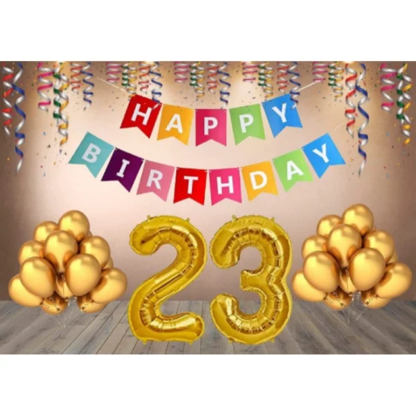 23rd Happy Birthday decoration combo with multi-color banner and golden balloons