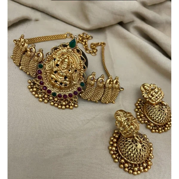 Elegant Multi-Color Gold Plated Temple Necklace Earrings Set for Women