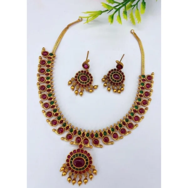 Traditional Indian Kampu Necklace Set for Women - Red & Green - Front View by Nari Haat, Indian ethnic wear, women cl...