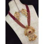 Women's Red Moti Mala American Diamond Jewellery Set with Pendant - Front View by Nari Haat, Indian ethnic wear, wome...